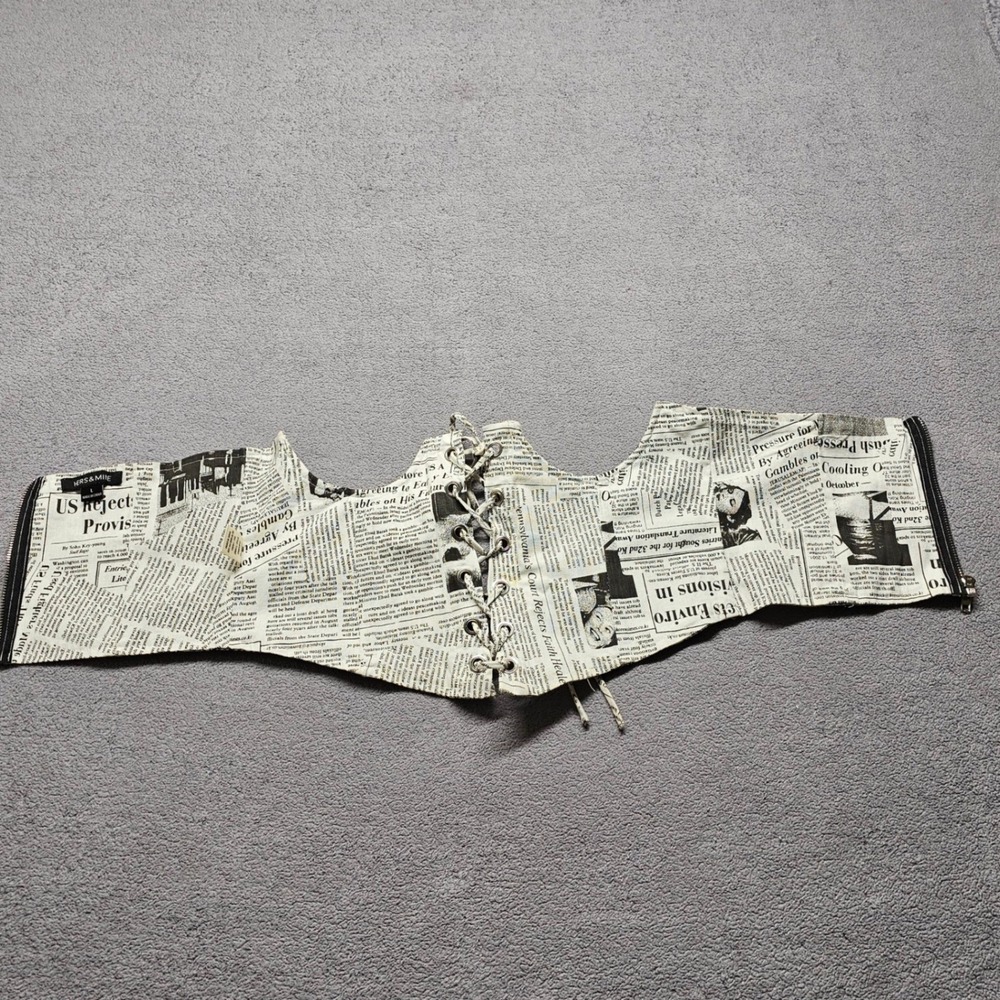 Hers & Mine Corset Belt Womens L Multi Newspaper Print Lace Up Front Back Zip - Picture 10 of 12